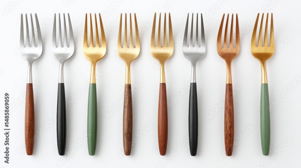 Poster set of forks from around the world, each with distinct design and handle material, photographed on p