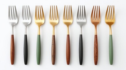 Set of forks from around the world, each with distinct design and handle material, photographed on pure white background 