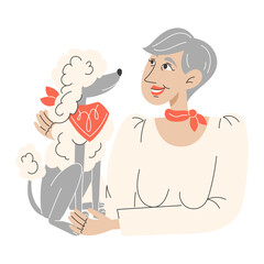 Flat Style Illustration of an Elderly Woman Hugging Her Poodle Dog in a Scarf for National Dog Day Greeting Card