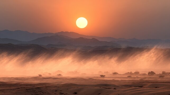 Beautiful Sunset Over Desert Sand Dunes with Golden Sky and Dusty Winds Creating Ethereal Atmosphere in the Wilderness