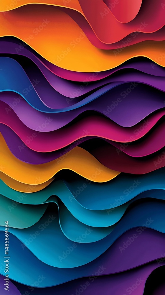 Poster vibrant, abstract layered waves of color flow in a visually appealing composition