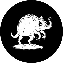 Monochrome whimsical creature illustration within a circular black backdrop