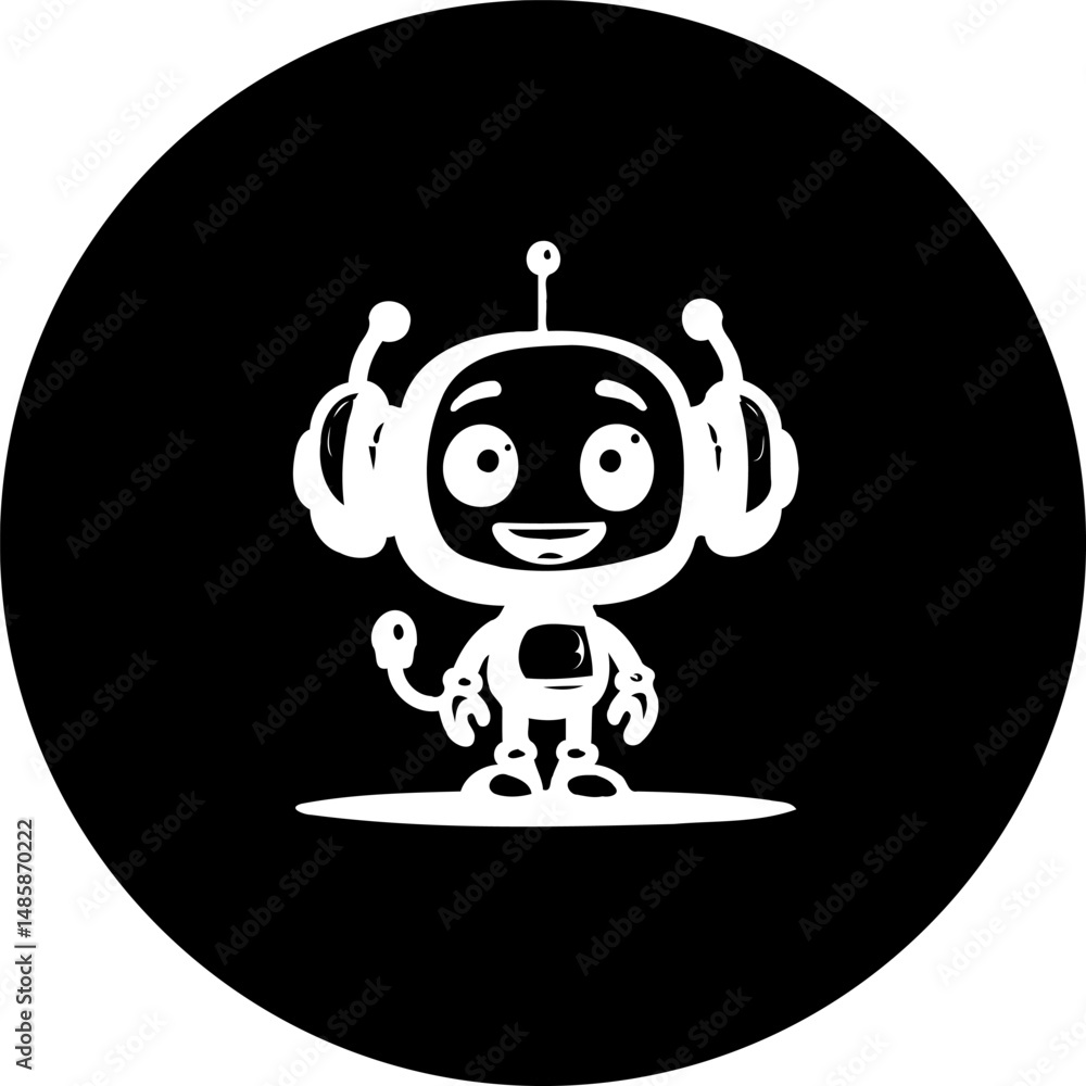Poster stylized robot figure in black circle evoking futuristic concepts and artificial intelligence