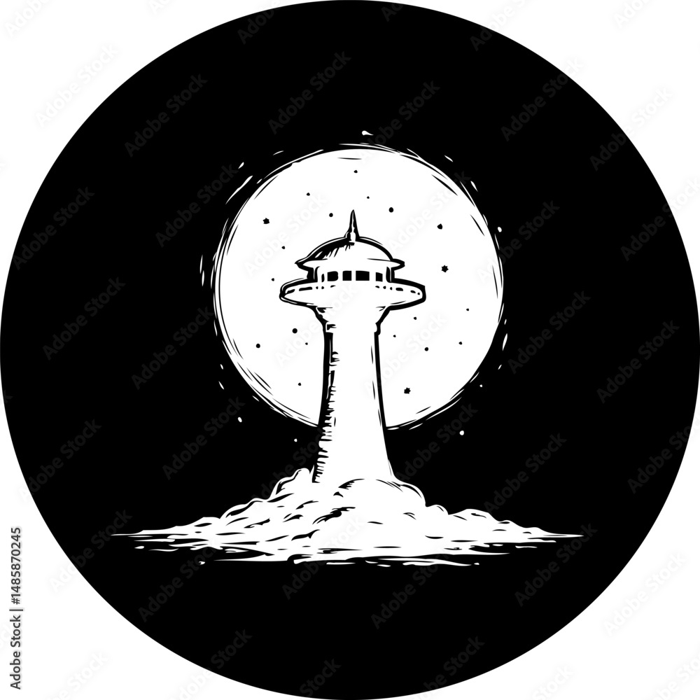 Poster monochrome depiction of a futuristic tower with celestial backdrop in circular frame