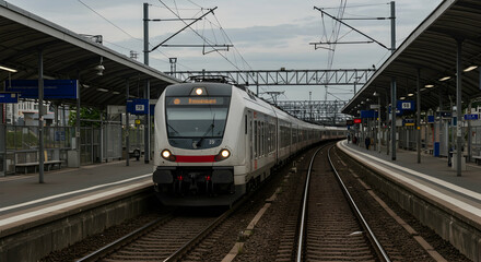 Fototapeta premium Railway, Railroad, Station, Train arriving at the platform