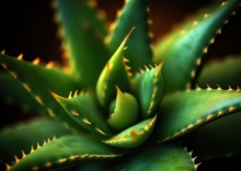 Close-up view of a green succulent plant with pointed, spiky leaves and subtle yellow highlights in soft lighting