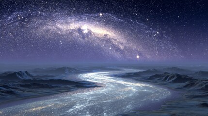 Naklejka premium Cosmic River Flowing Through Starry Night Sky with Milky Way and Distant Galaxies Illuminating the Landscape Beauty