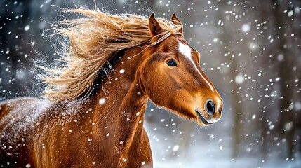 Majestic Chestnut Horse Running in Winter Snowstorm Beautiful equine portrait showing flowing mane and coat.