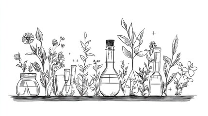 Beautiful monoline botanical herb line illustration with scientific labeling, drawn in black and white ink on a pure white background. Suitable for educational materials, nature-themed design projects