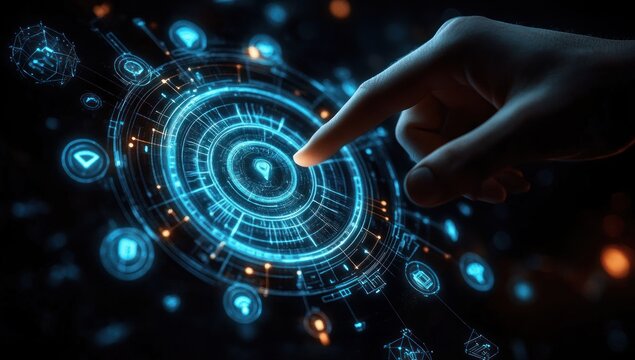 Close-up of a hand interacting with a futuristic glowing digital interface displaying circular icons and data points in a dark environment