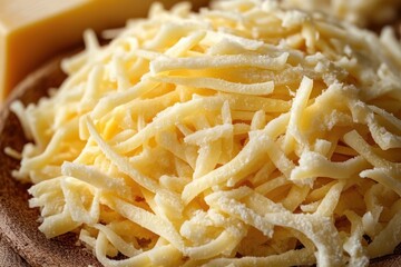 Close-up of shredded frozen cheese with frost on a wooden plate