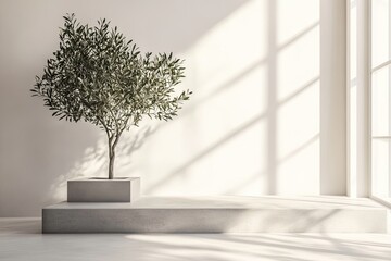 Minimalist, sun-drenched interior with an olive tree.  A simple, light-filled space featuring a concrete planter with an olive tree, casting soft shadows