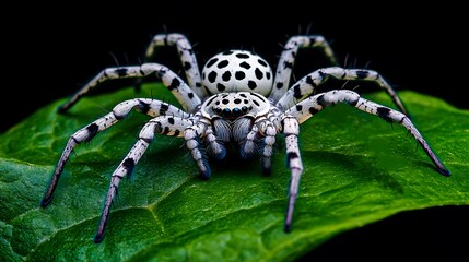Fototapeta premium Stunning Closeup of a White and Black Spotted Jumping Spider on a Green Leaf