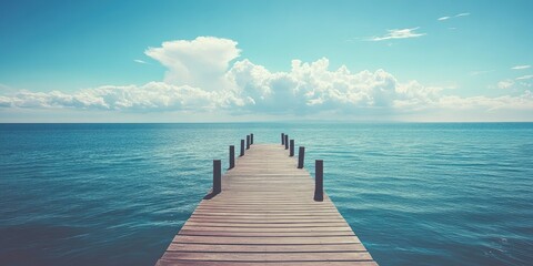 Obraz premium Serene wooden pier extends into tranquil turquoise ocean under a bright sky dotted with fluffy clouds. Peaceful, idyllic seascape