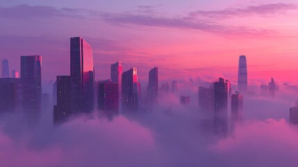 Mystical Cityscape at Dawn with Tall Towers Emerging from Vibrant Mist and Colorful Sky during Sunrise