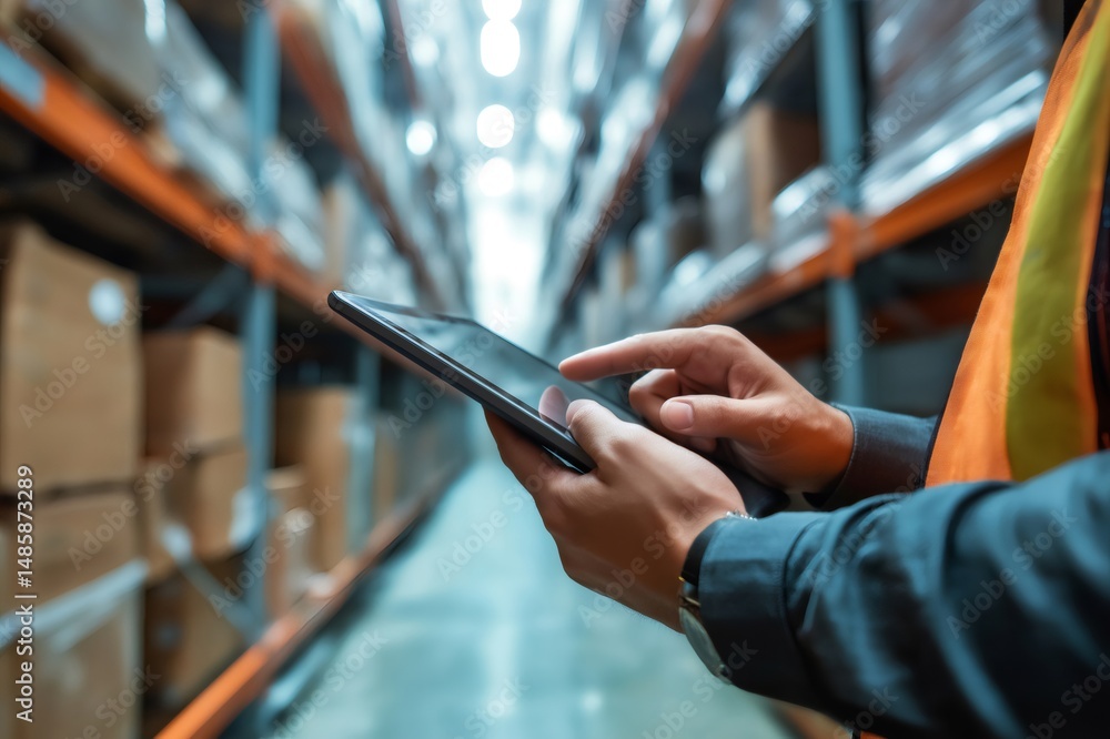 Poster warehouse manager using tablet for managing inventory and logistics inside a large distribution cent