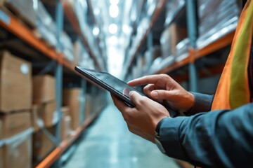 Warehouse manager using tablet for managing inventory and logistics inside a large distribution center