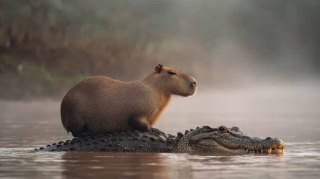 Capybara standing calmly on a crocodile in a muddy river