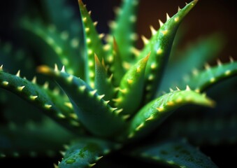 Close-up of a green succulent plant with thick leaves and sharp thorns under moody lighting