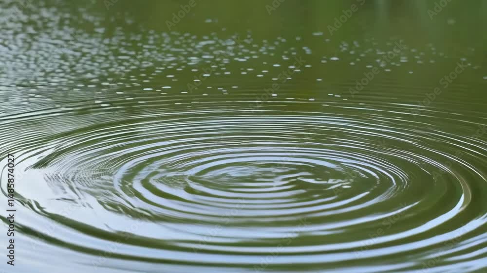 Poster ripples expand across the greenish lake surface after an object disturbs the water, creating a circu