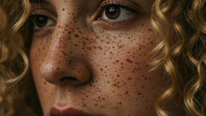 Close-up of a woman's freckled face, natural light.