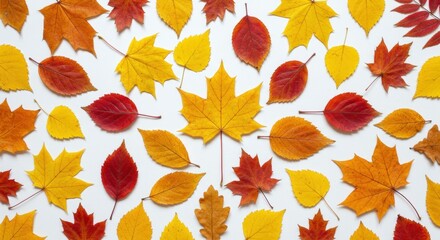 Obraz premium Autumn leaves pattern: vibrant yellow and red foliage on white background