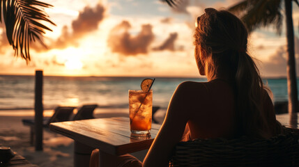 Young woman relaxes with a cocktail at her hotel&acirc;&euro;&trade;s seaside restaurant