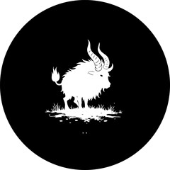 Minimalist Illustration: Stylized Goat Silhouette Against a Stark Black Circular Backdrop