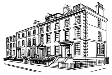 Elegant Georgian Townhouse Line Art Vector | Classic British Architecture Illustration