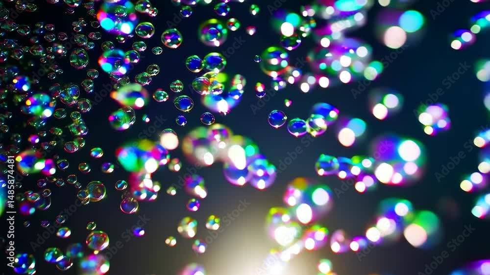Poster bubbles floating upwards with rainbow reflections, abstract and dreamy, floating in dark space, shim