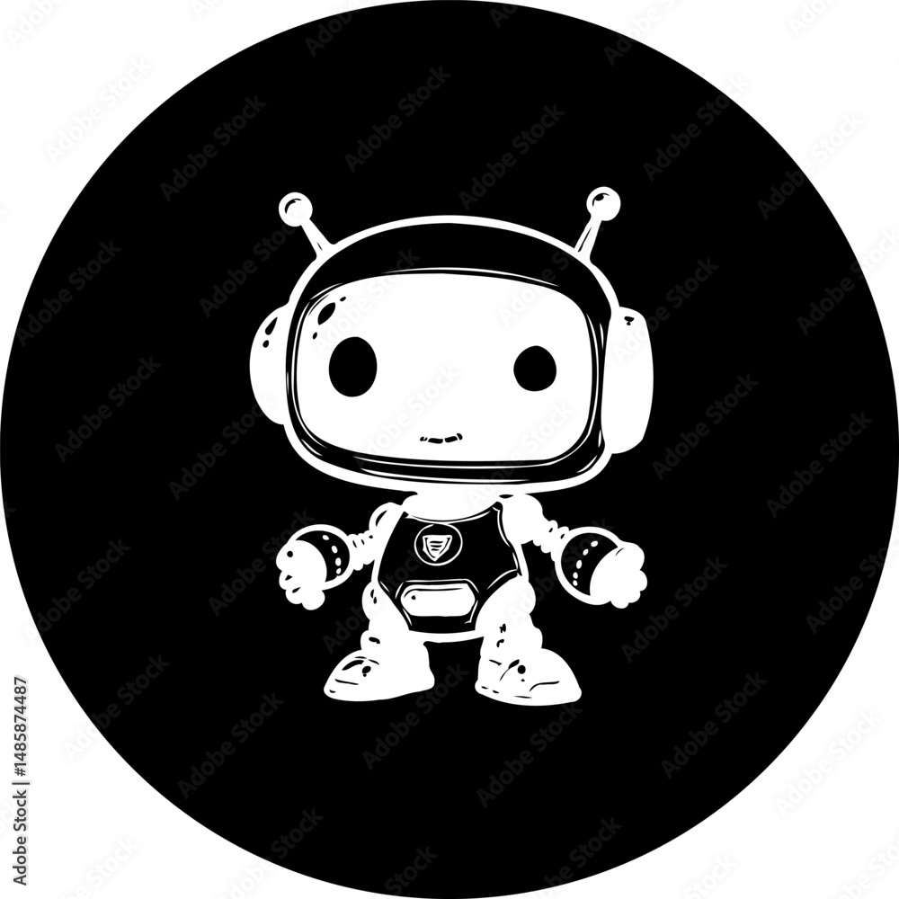 Poster charming monochrome robot character in black circle, simple design for diverse use