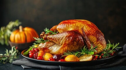 A roasted turkey garnished with rosemary and cranberries on a black serving platter, set against a dark background.