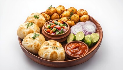 Indian street food platter.  Crispy potato patties, fluffy bread rolls, vibrant salad, and tangy sauces