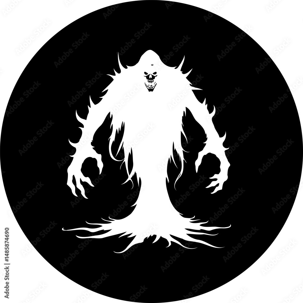 Poster abstract spectral entity, menacing silhouette within stark circular contrast design