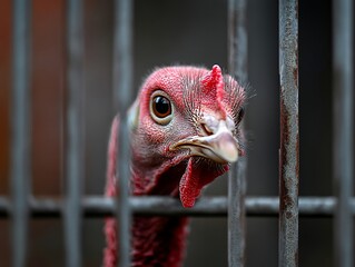 Turkey in open enclosure, close-up feathers 