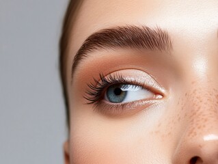 Woman with glossy highlighter on cheekbones and bold eyebrows, close-up
