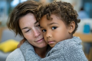 A heartwarming moment is shared between a mother and her child as they hold each other closely, embodying love, protection, and connection in a cozy, nurturing environment.