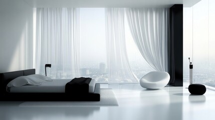 modern minimalist bedroom with city view