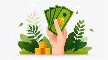 Hand holding money with coins and green leaves background