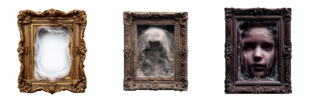 Haunted portrait frame with shifting image. Isolated on white background. Interactive wall piece