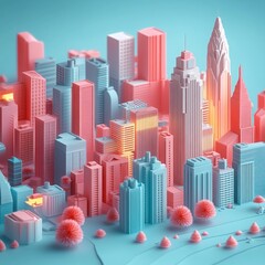 Colorful miniature cityscape with clustered skyscrapers in soft pastel shades of blue, pink, and coral, featuring detailed architectural designs and small stylized trees under bright natural light