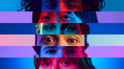 Collage. Close-up image of diverse human eyes isolated on colored neon backgrounds. Multicolored...