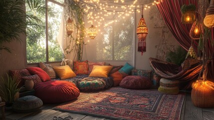 Boho living room with warm lighting