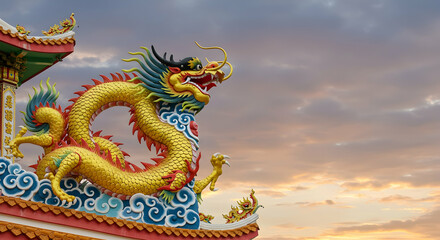 Fototapeta premium Clouds, Sky, Asian, Golden Dragon Statue on Temple Roof at Sunset