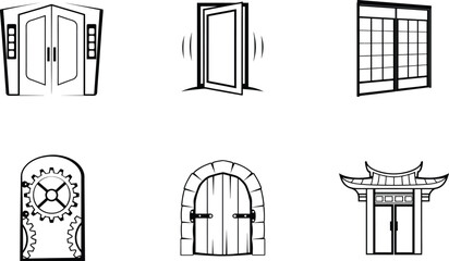 Obraz premium Diverse door collection black and white vector illustration set different styles