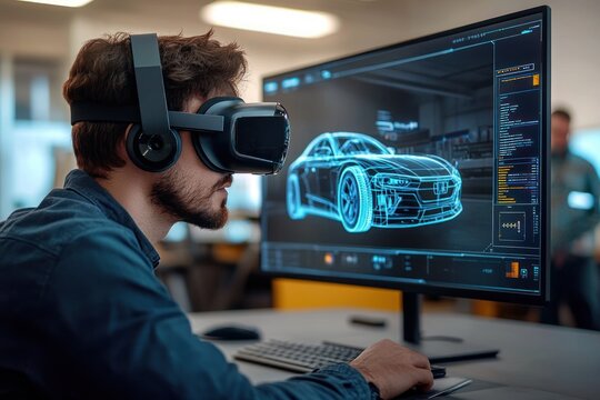 Man wearing virtual reality headset and headphones working on futuristic 3D car model displayed on large computer monitor in modern office setting - Powered by Adobe
