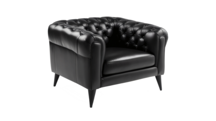 A black leather wingback chair with tufted back and arms isolated on a white background centered isolated 3d view. PNG transparent background editable