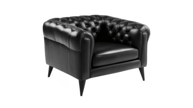 A black leather wingback chair with tufted back and arms isolated on a white background centered isolated 3d view. PNG transparent background editable