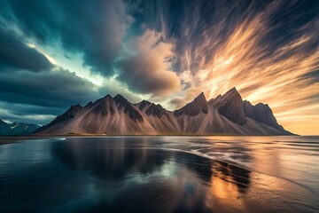 Fototapeta premium Dramatic Mountain Range Reflection in Calm Ocean Under Fiery Sunset Sky