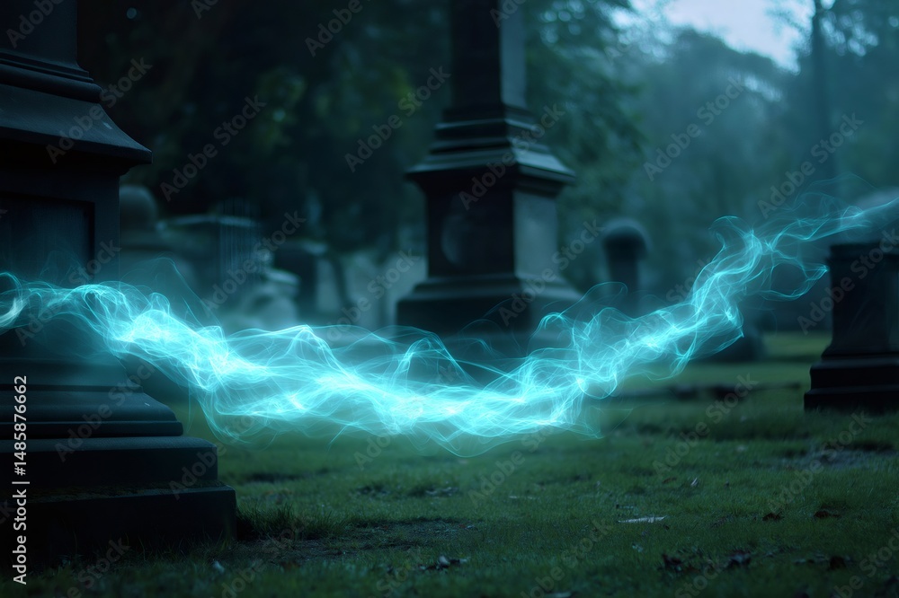 Aufkleber wisp of spectral energy flowing through a mysterious cemetery at twilight, creating a magical and su